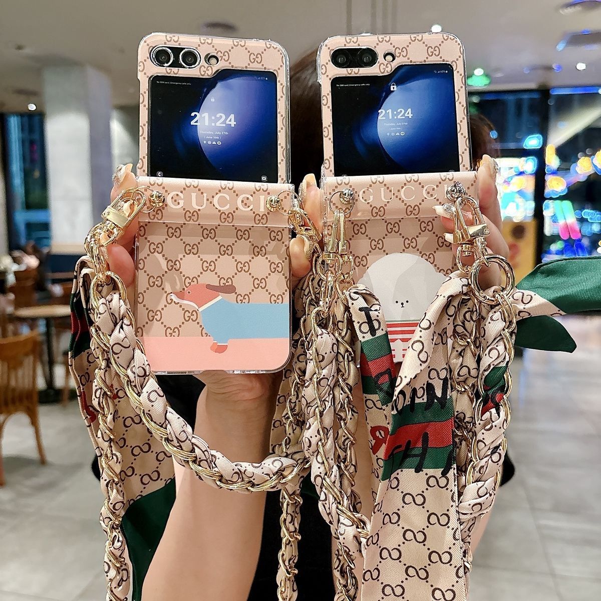Cartoon Scarf Chain Crossbody Flip Case