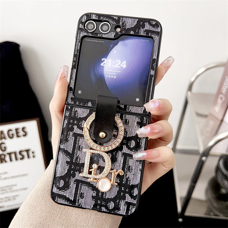Ring Buckle Rhinestone Letter Flip Case