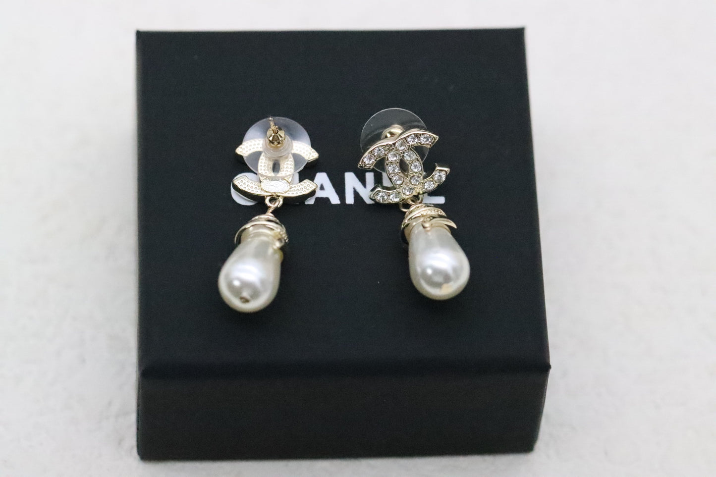 Full Diamond Double C Pearl Tassel Earrings