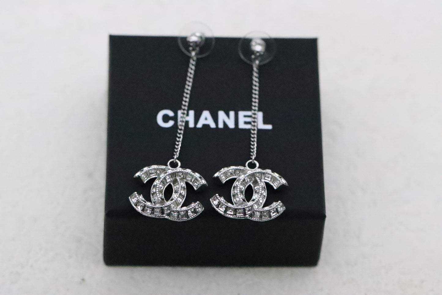Silver 3D Diamond Double C Tassel Earrings
