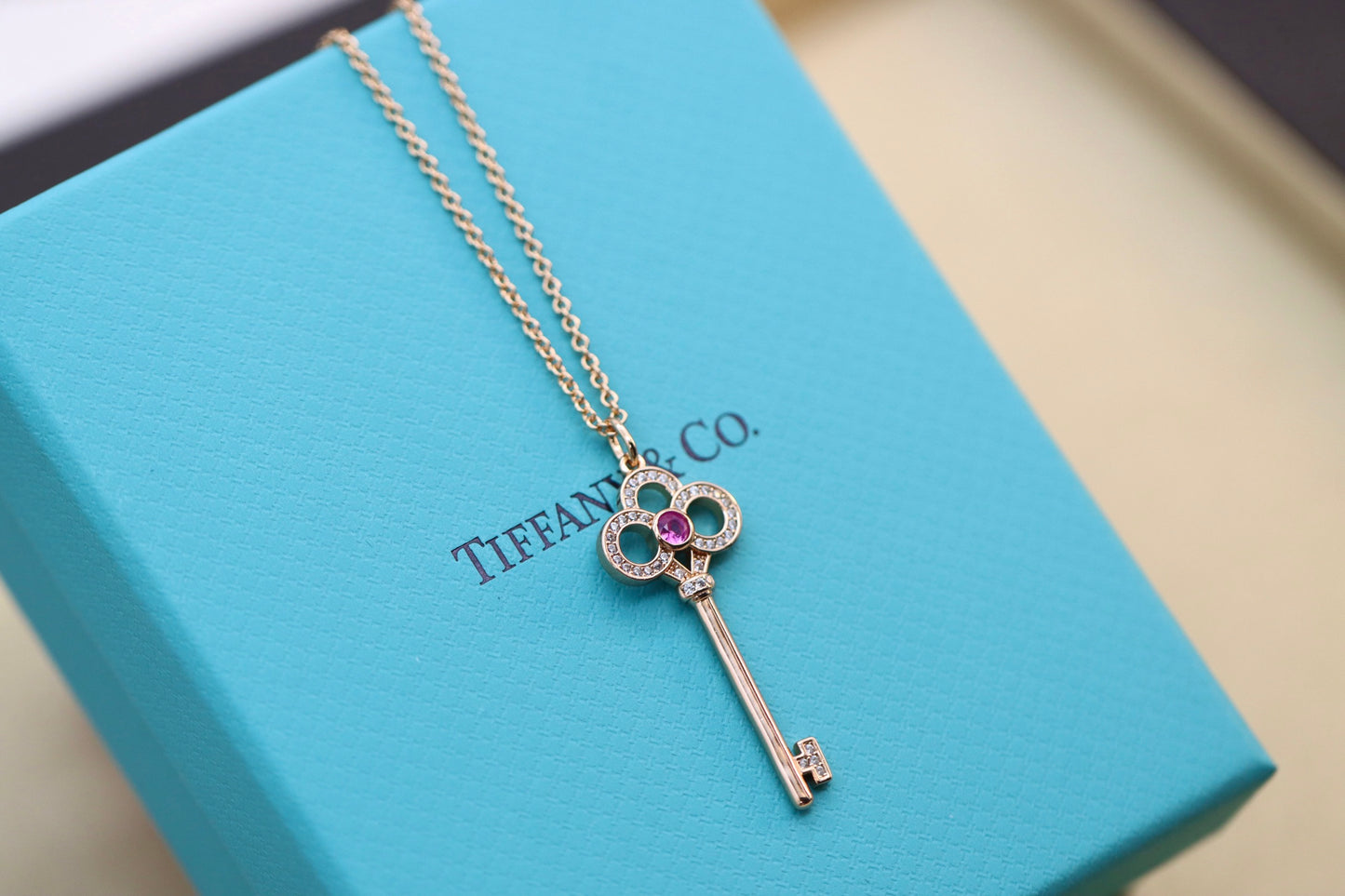 Pink Diamond Crown Key Necklace 925 Sterling Silver