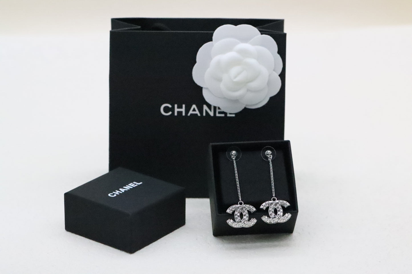 Silver 3D Diamond Double C Tassel Earrings