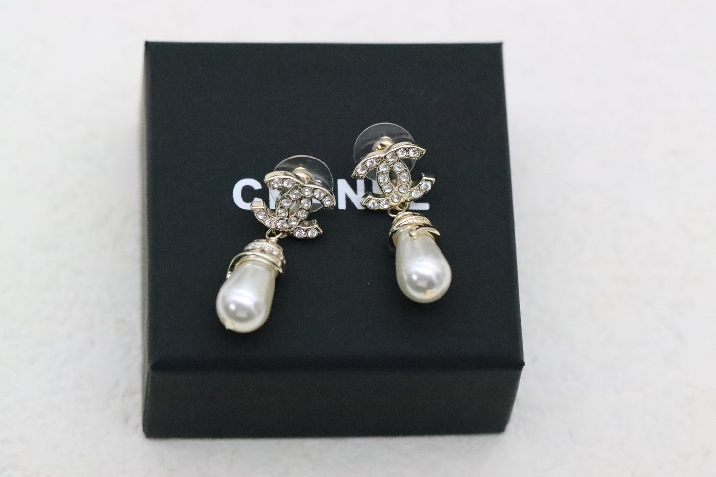 Full Diamond Double C Pearl Tassel Earrings