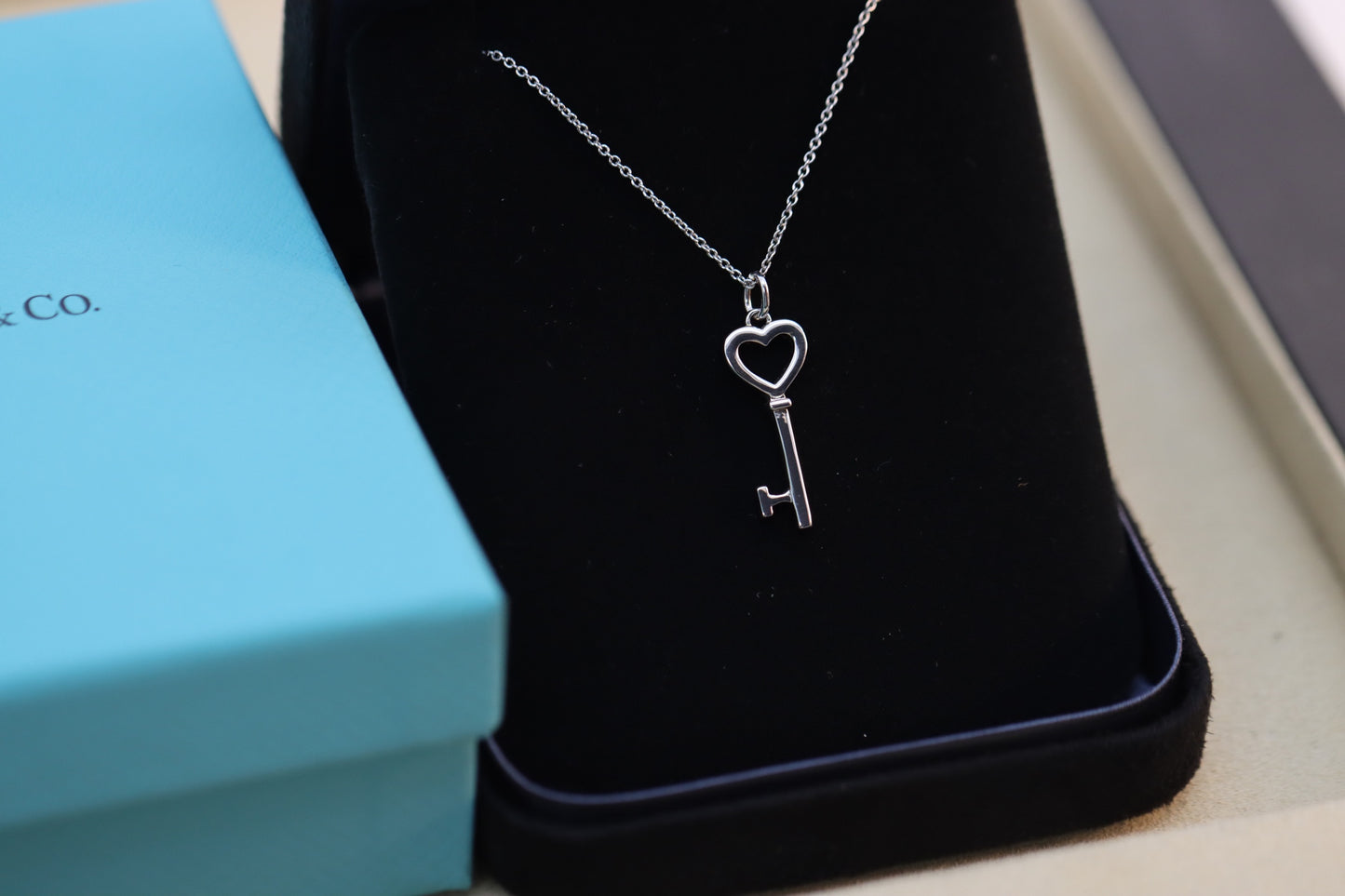 Silver and blue enamel heart key necklace