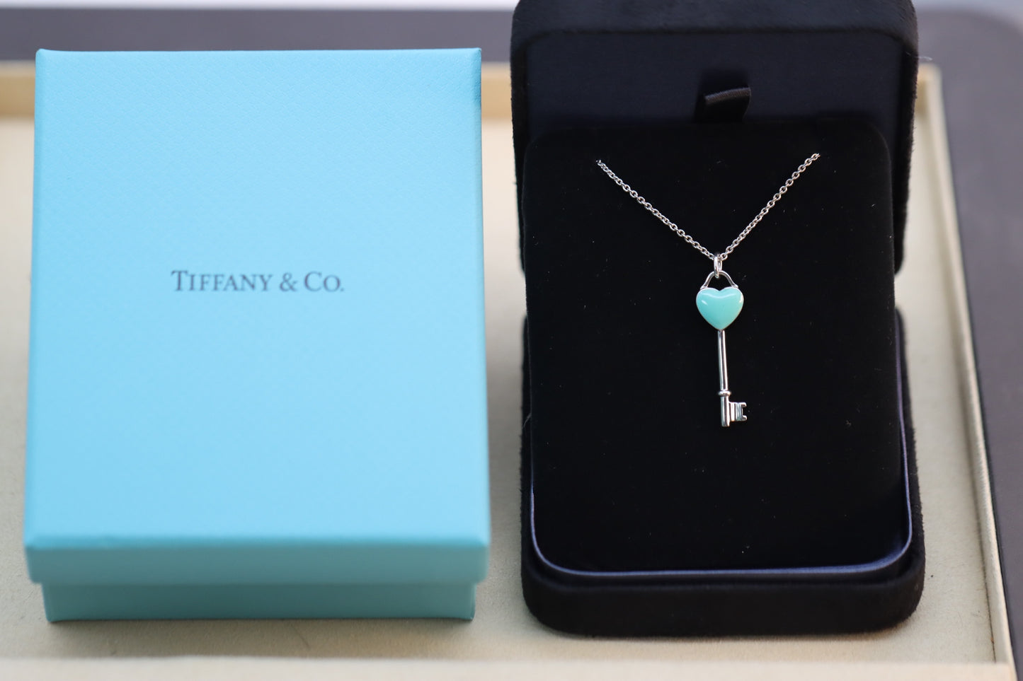 Silver and blue enamel heart key necklace