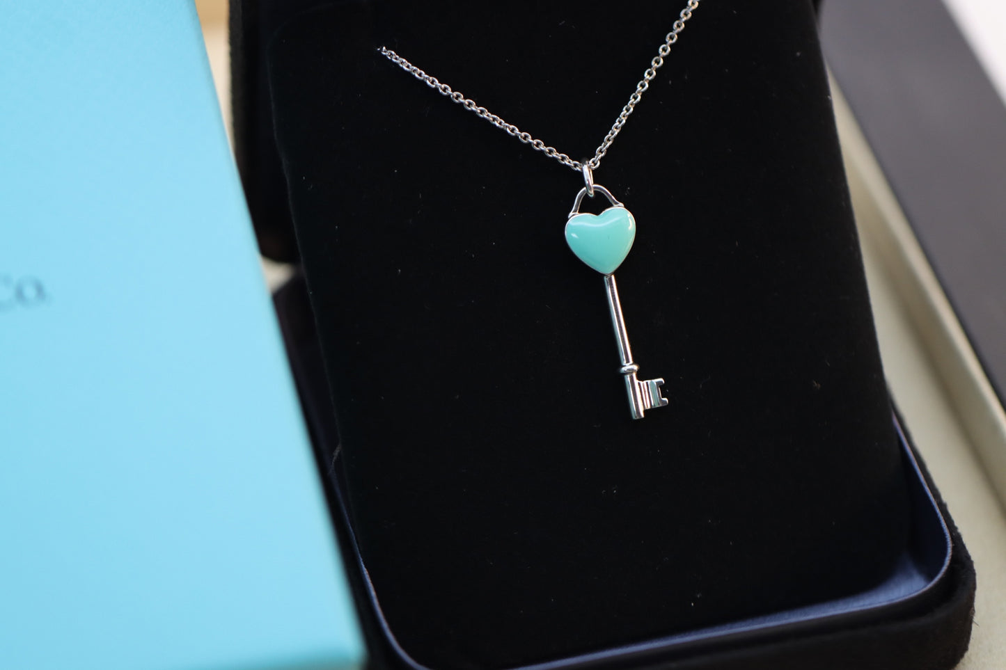 Silver and blue enamel heart key necklace