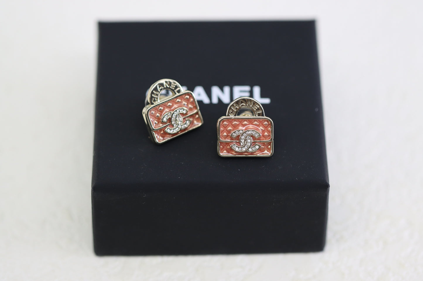 Light gold enamel double C bag earrings