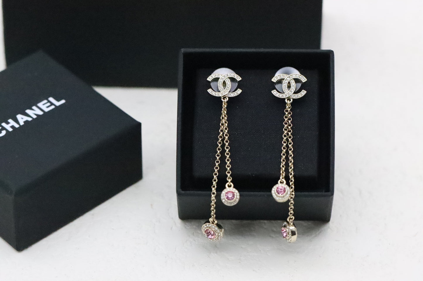 Gold Full Diamond Double C Tassel Pink Diamond Earrings