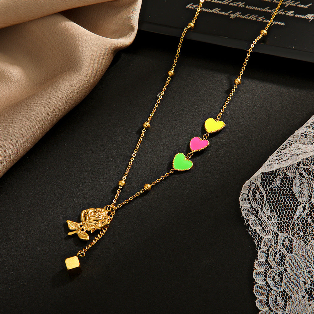 Colored Heart Rose Pendant Necklace