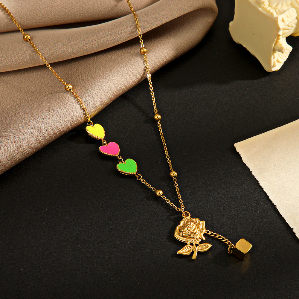 Colored Heart Rose Pendant Necklace
