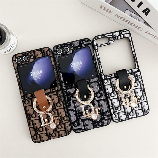 Ring Buckle Rhinestone Letter Flip Case
