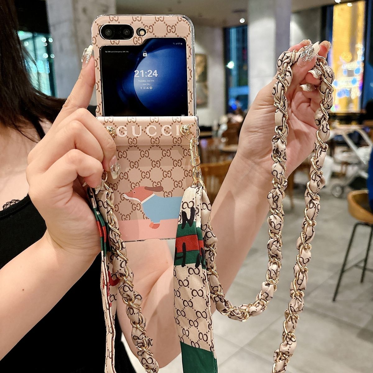 Cartoon Scarf Chain Crossbody Flip Case
