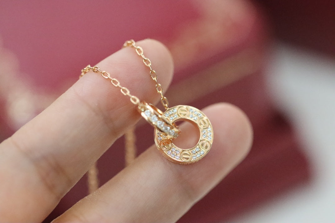 Rose gold double ring full diamond round necklace