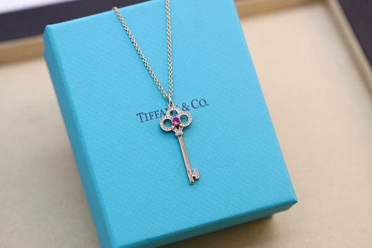 Pink Diamond Crown Key Necklace 925 Sterling Silver