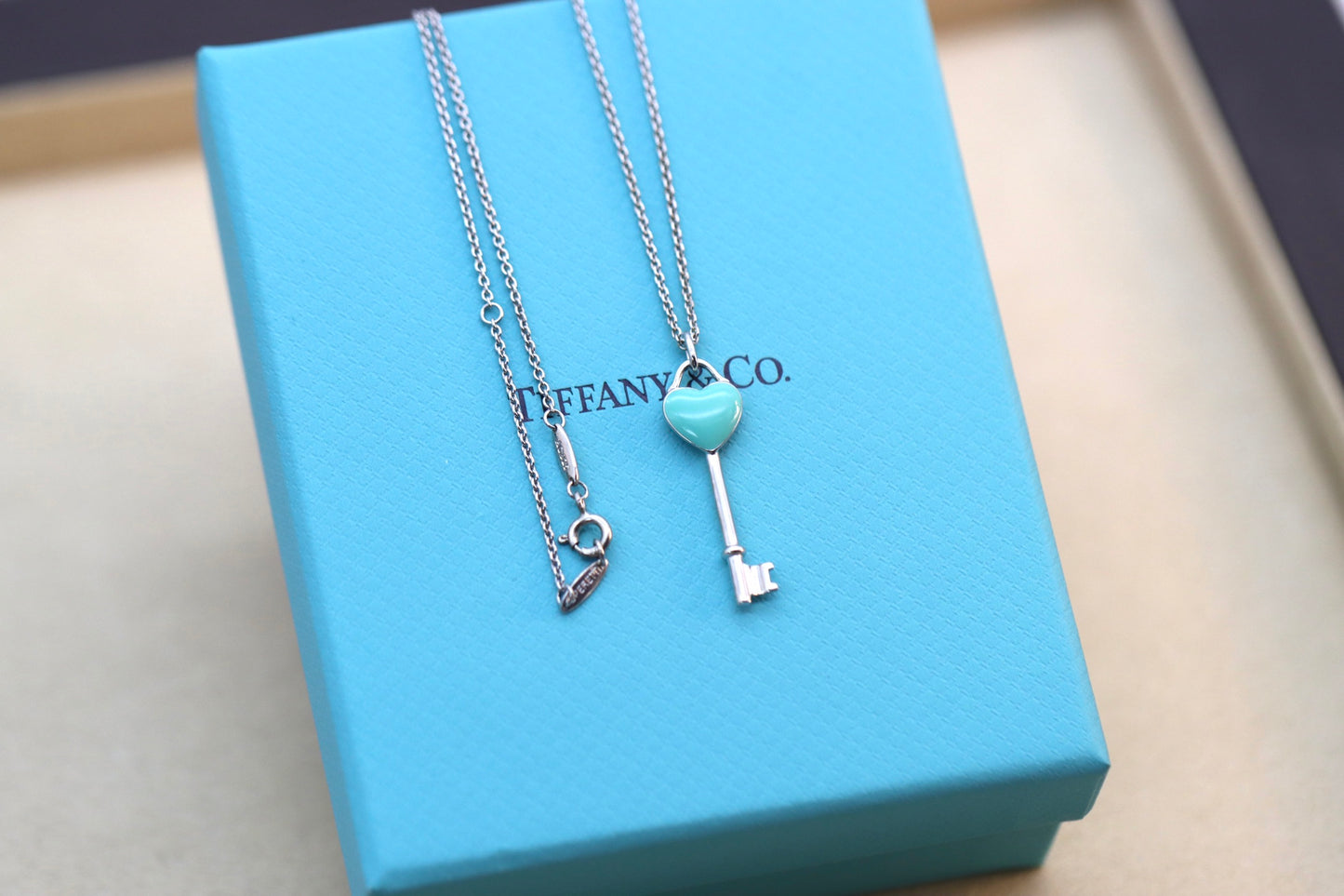 Silver and blue enamel heart key necklace