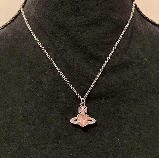 Pink Heart Rhinestone Saturn Clavicle Necklace