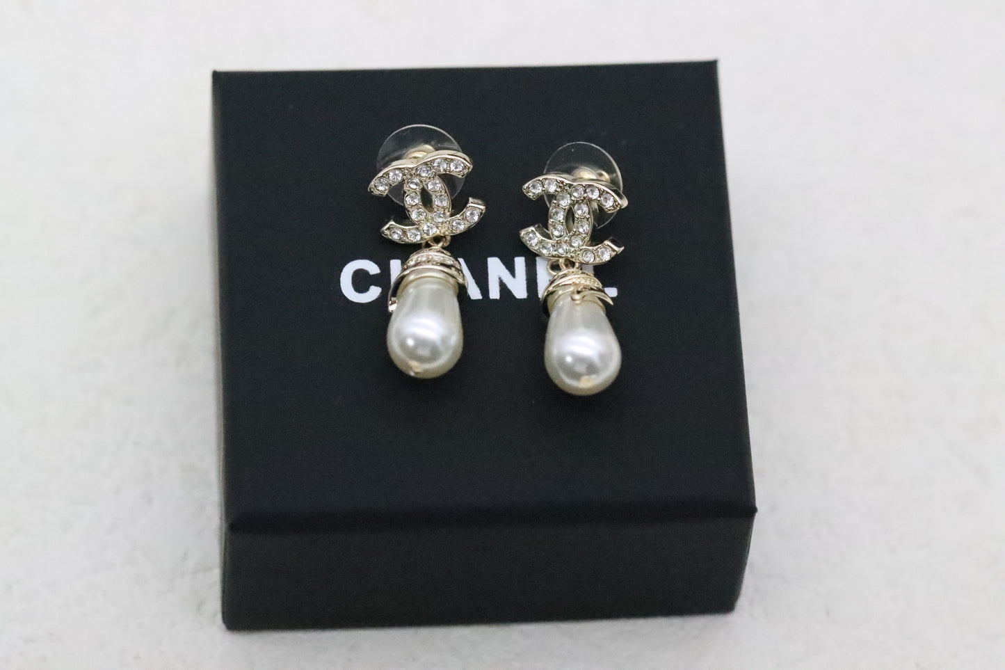 Full Diamond Double C Pearl Tassel Earrings
