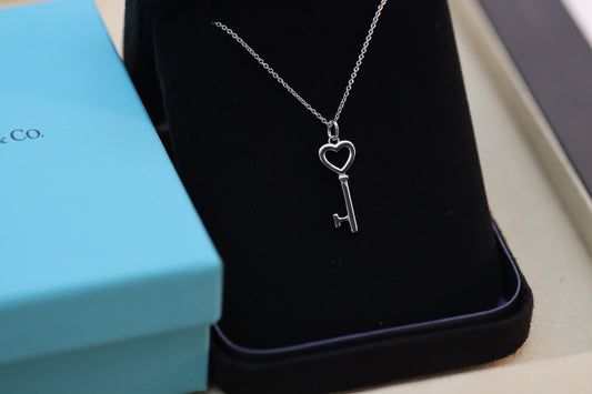 Silver and blue enamel heart key necklace