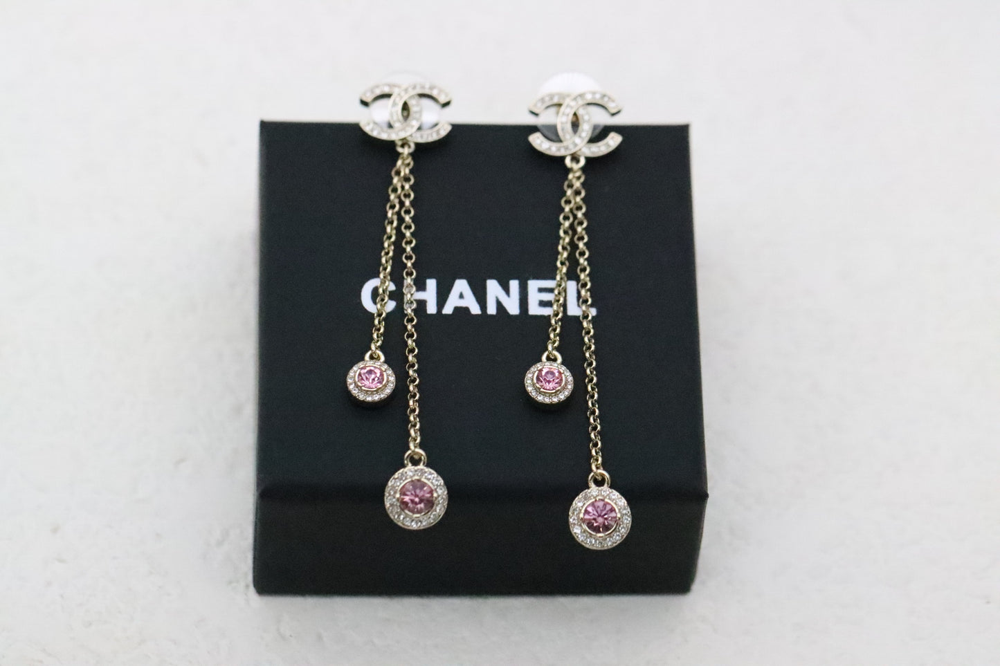 Gold Full Diamond Double C Tassel Pink Diamond Earrings
