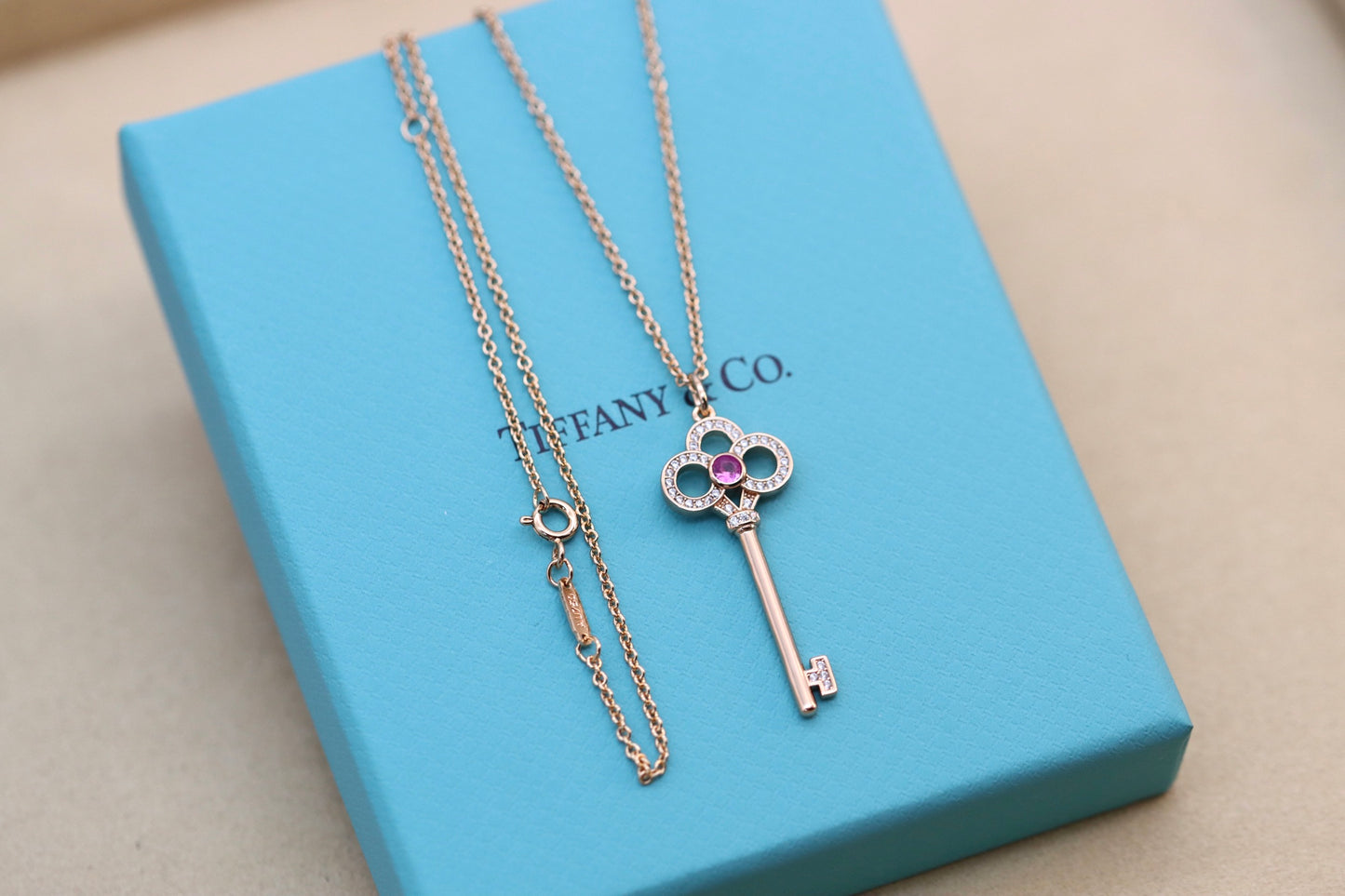 Pink Diamond Crown Key Necklace 925 Sterling Silver