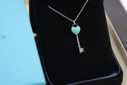Silver and blue enamel heart key necklace