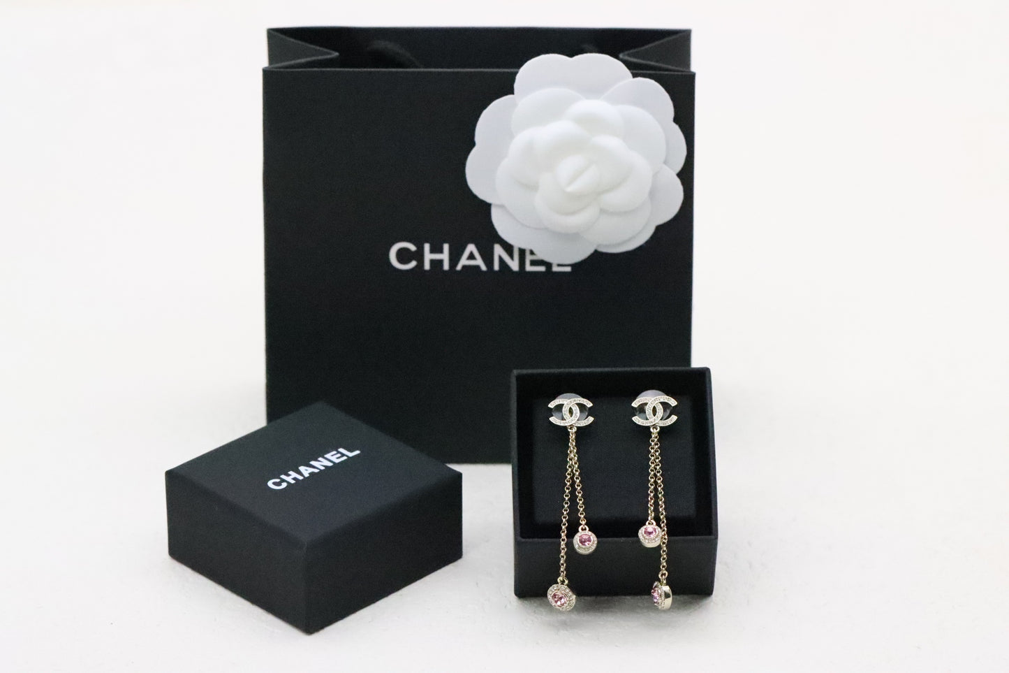 Gold Full Diamond Double C Tassel Pink Diamond Earrings