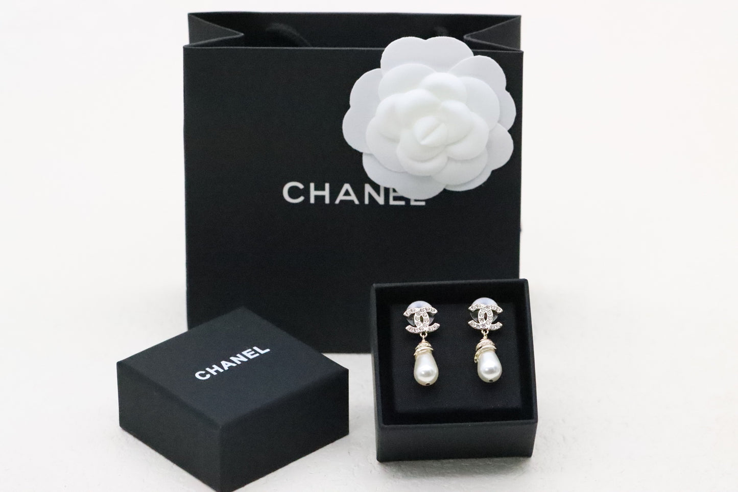 Full Diamond Double C Pearl Tassel Earrings