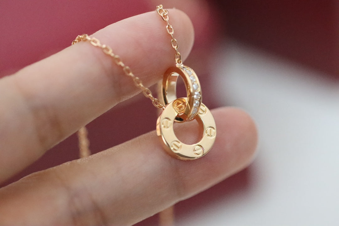 Rose gold double ring full diamond round necklace