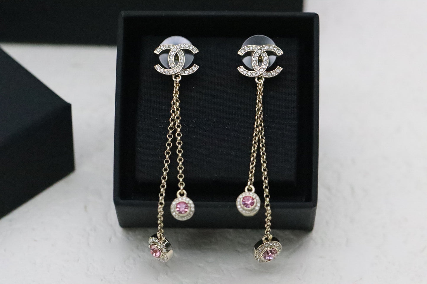 Gold Full Diamond Double C Tassel Pink Diamond Earrings