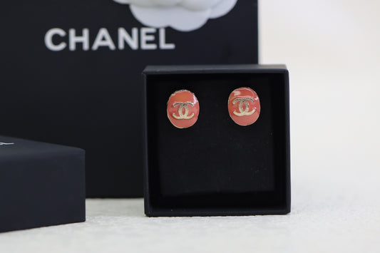 Pink enamel oval double C earrings