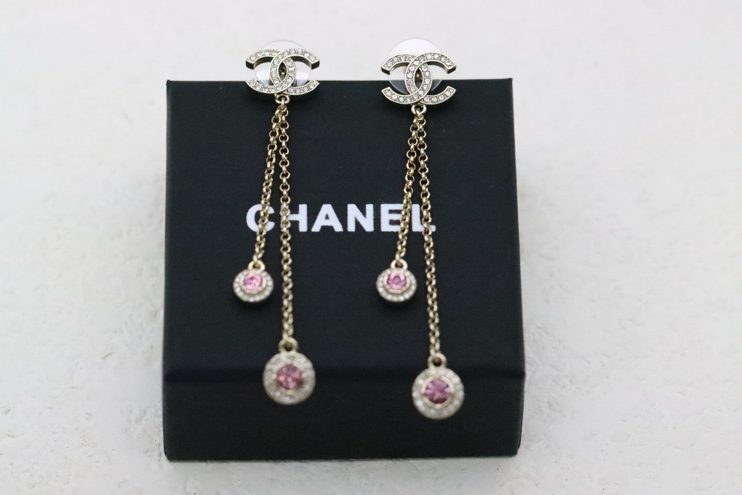 Gold Full Diamond Double C Tassel Pink Diamond Earrings