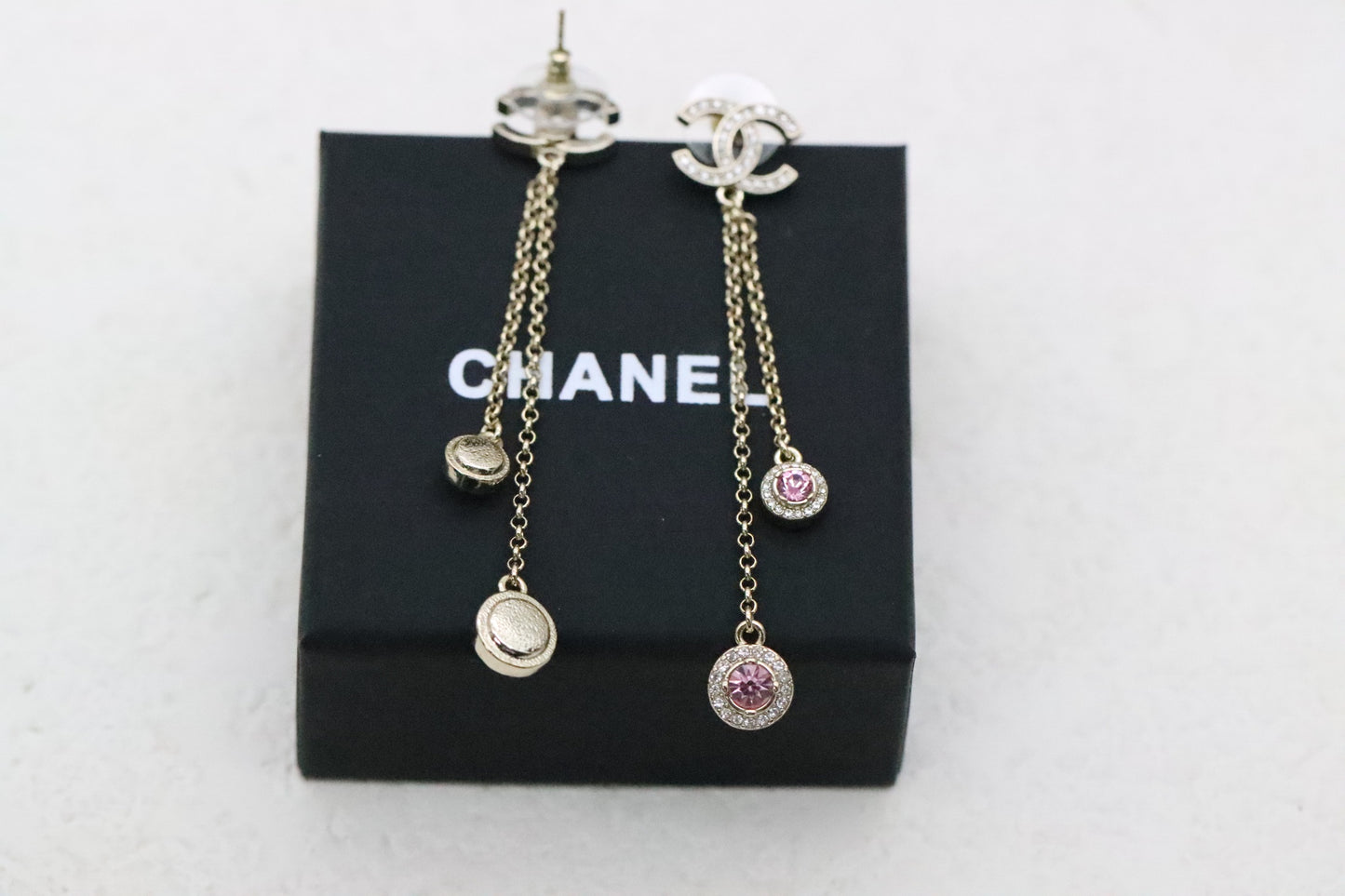 Gold Full Diamond Double C Tassel Pink Diamond Earrings