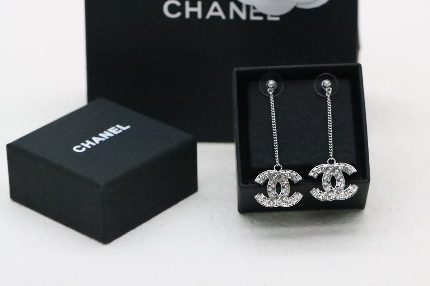 Silver 3D Diamond Double C Tassel Earrings
