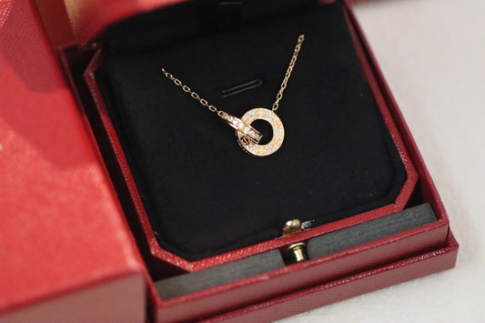 Rose gold double ring full diamond round necklace