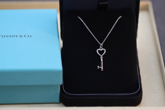Silver and blue enamel heart key necklace