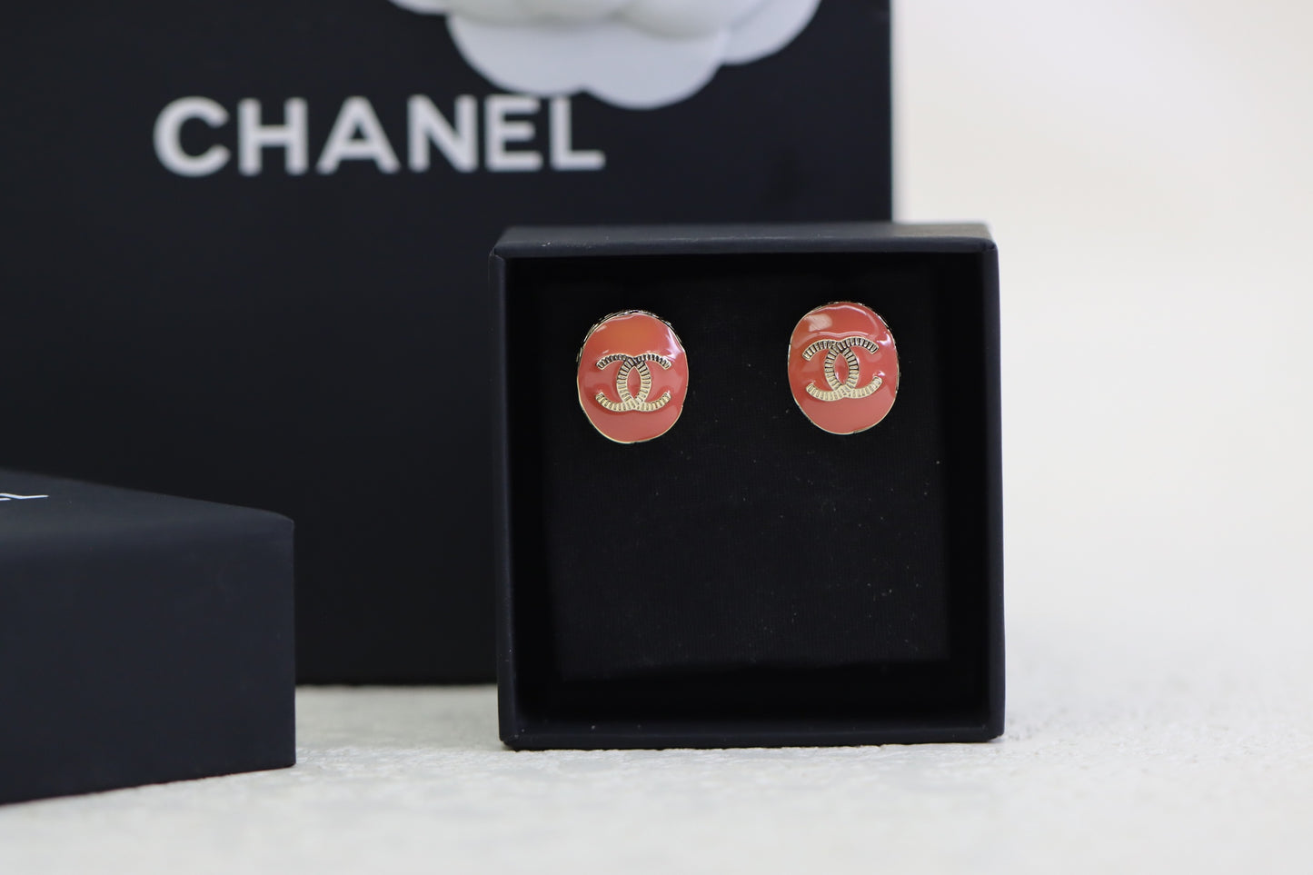 Pink enamel oval double C earrings