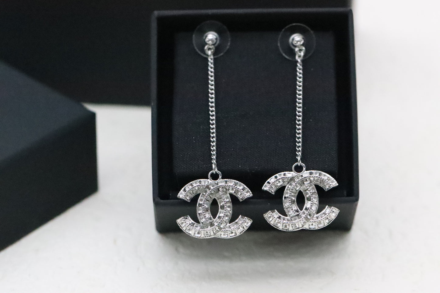 Silver 3D Diamond Double C Tassel Earrings