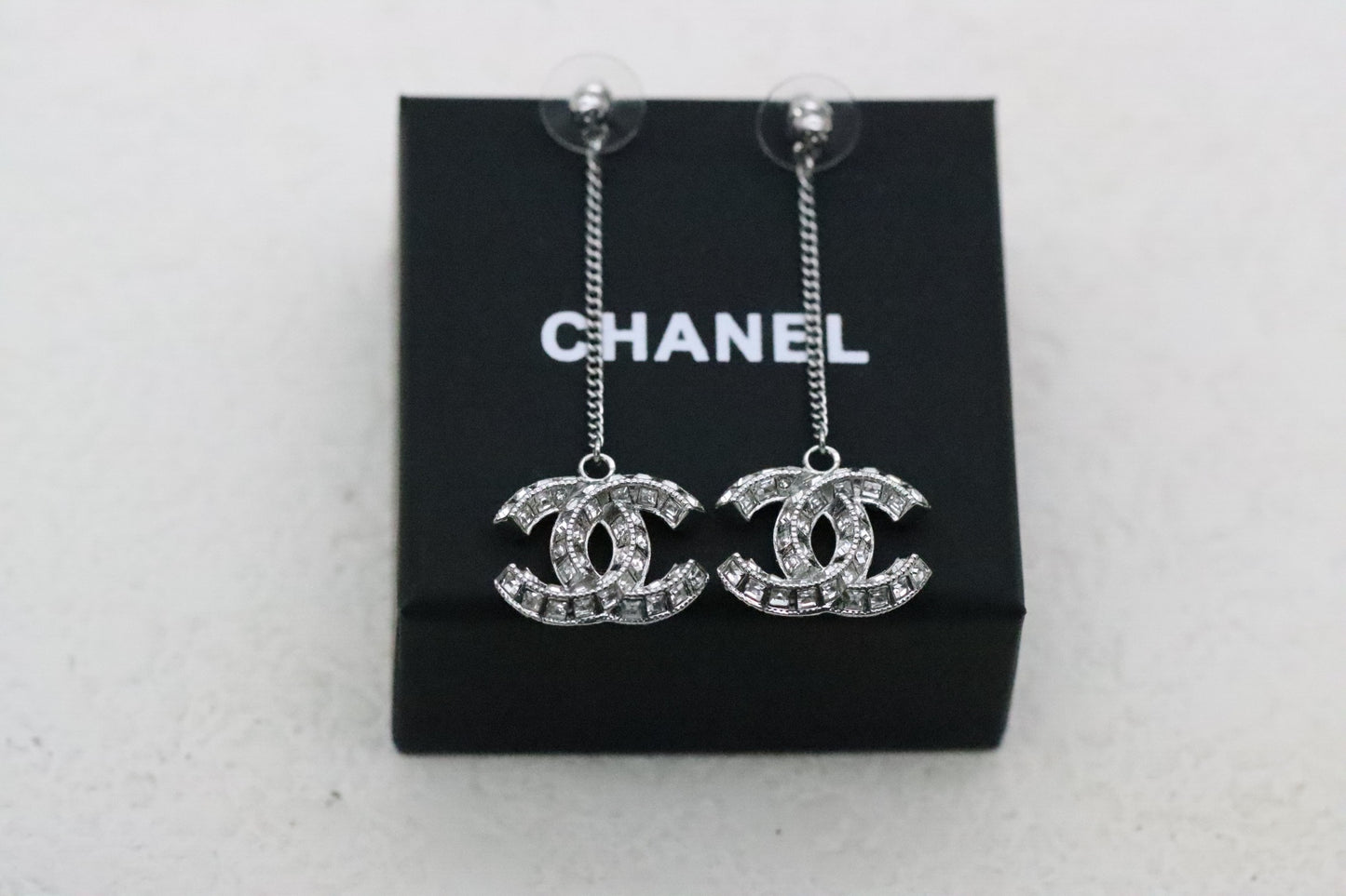 Silver 3D Diamond Double C Tassel Earrings