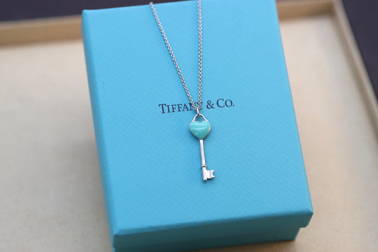 Silver and blue enamel heart key necklace