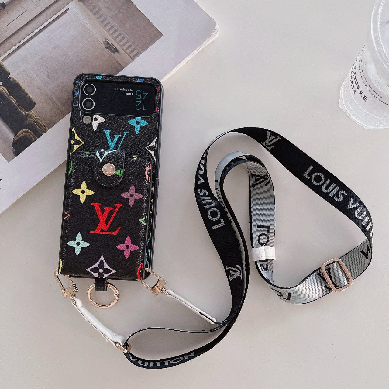 Leather Ring Card Holder Lanyard Case for Galaxy Z Flip